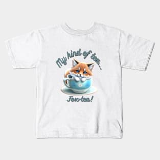 Cute Red Fox Blue White Floral Tea Cup Kids T-Shirt